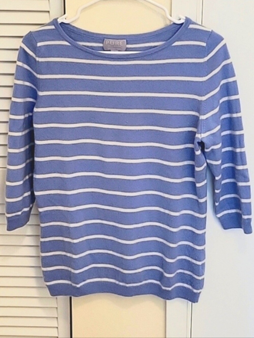 Pure Collection Blue & White Striped 100% Cashmere 3/4 Sleeve Sweater Sz 8/10